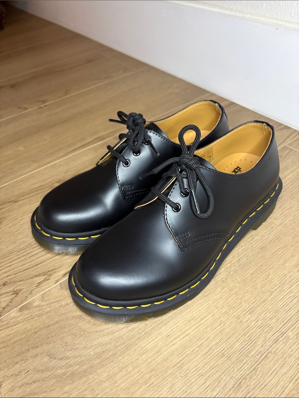 Dr. Martens Black Leather 3-Eye Derby with Yellow Welt Stitching - Picture 4 of 6